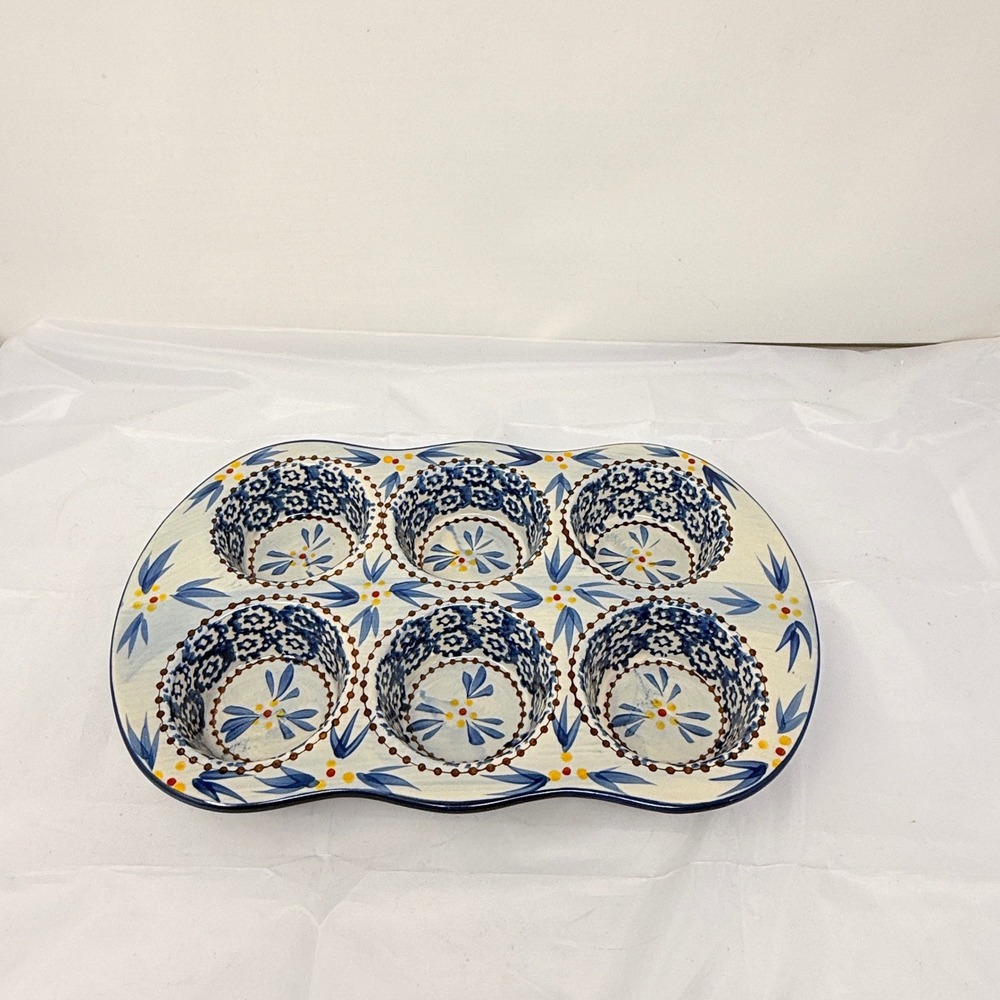 Temp-tations Old World Blue Floral Ceramic 6 Cup Muffin Pan